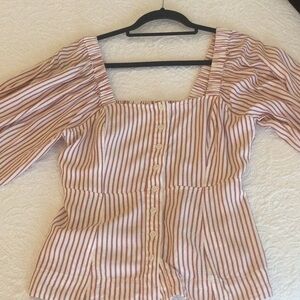 Red w/ small black striped Peasant Blouse with Button Front
